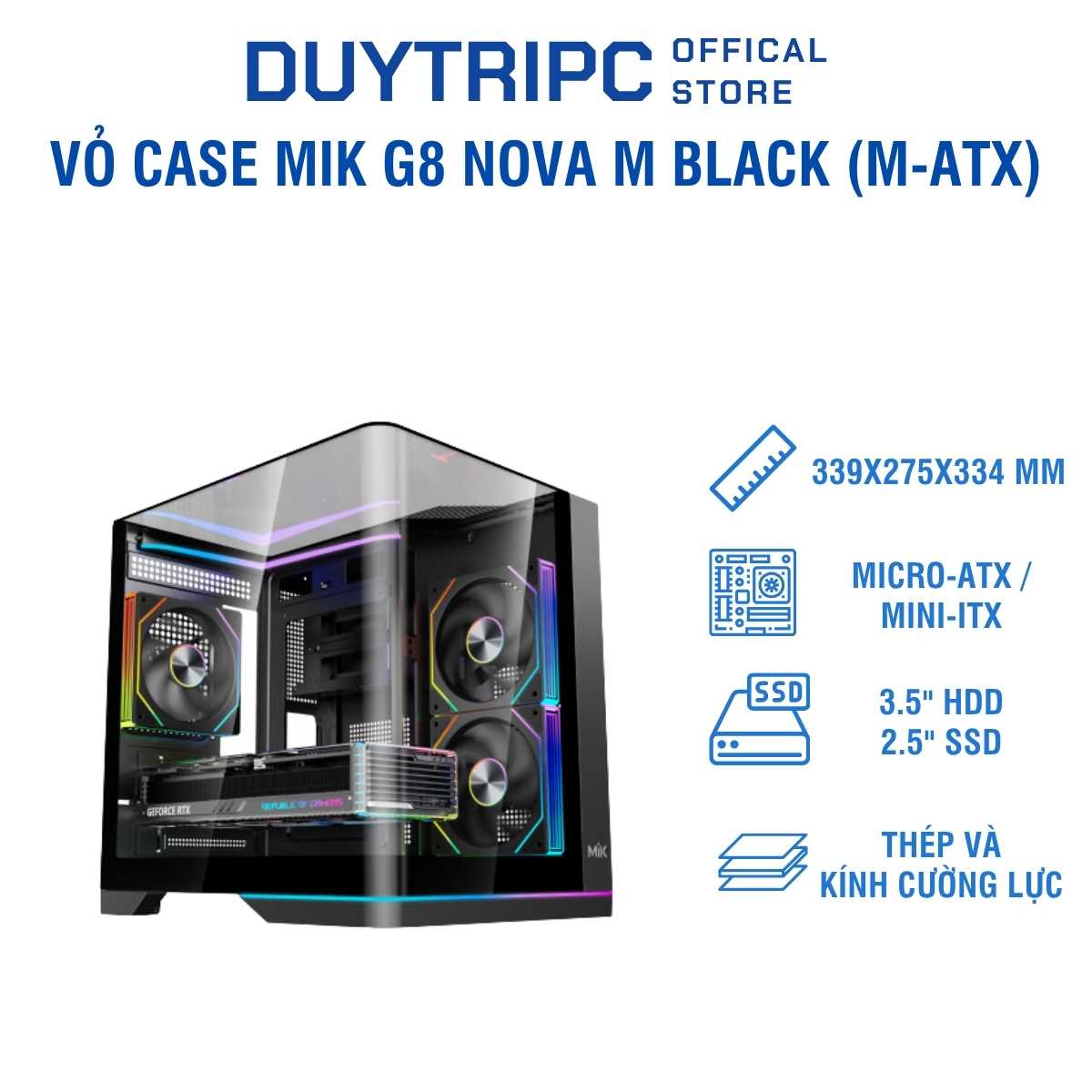 Vỏ Case MIK G8 Nova M Black (M-ATX) – Thiết Kế Mini Gaming Hiện Đại, Kính Cường Lực, Tối Ưu Tản Nhiệt
